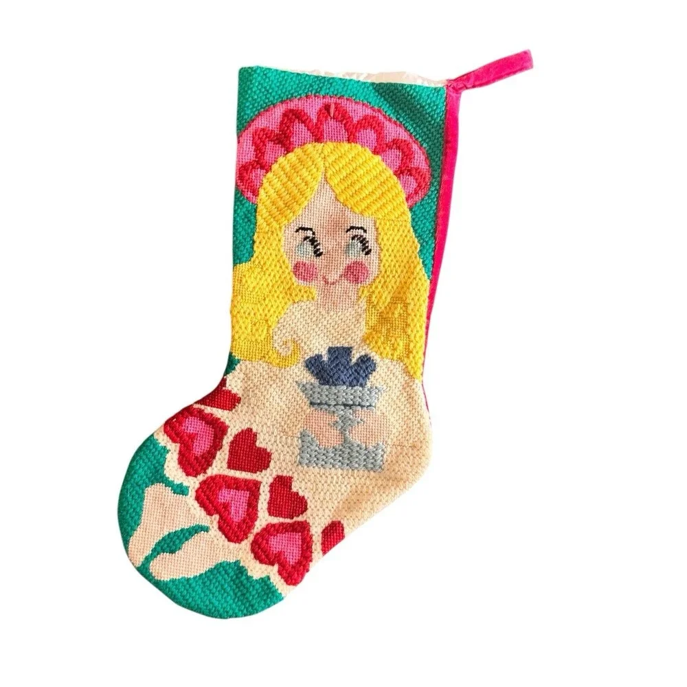 Vintage Hand-Stitched Needlepoint Christmas Tree Stocking 16” Angel